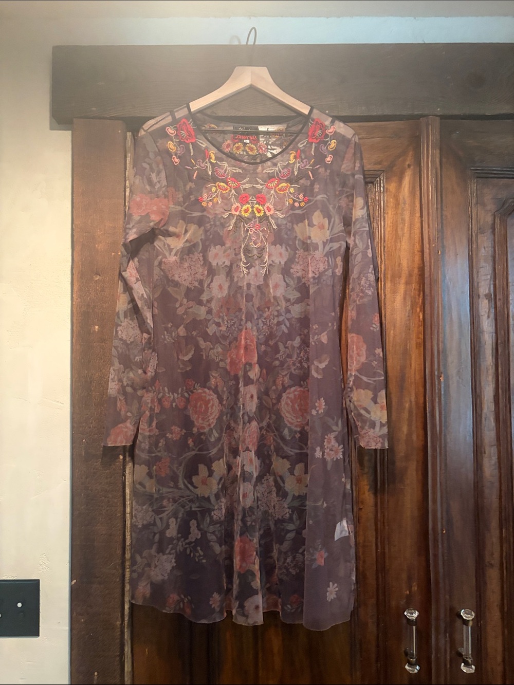 Johnny Was black Floral Embroidered Long-Sleeve Sheer Dress